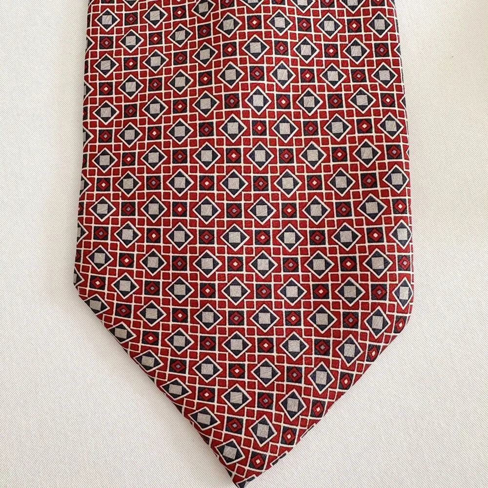 Stafford Italian Silk Tie Red Blue Geometric Pattern Classic 3.5